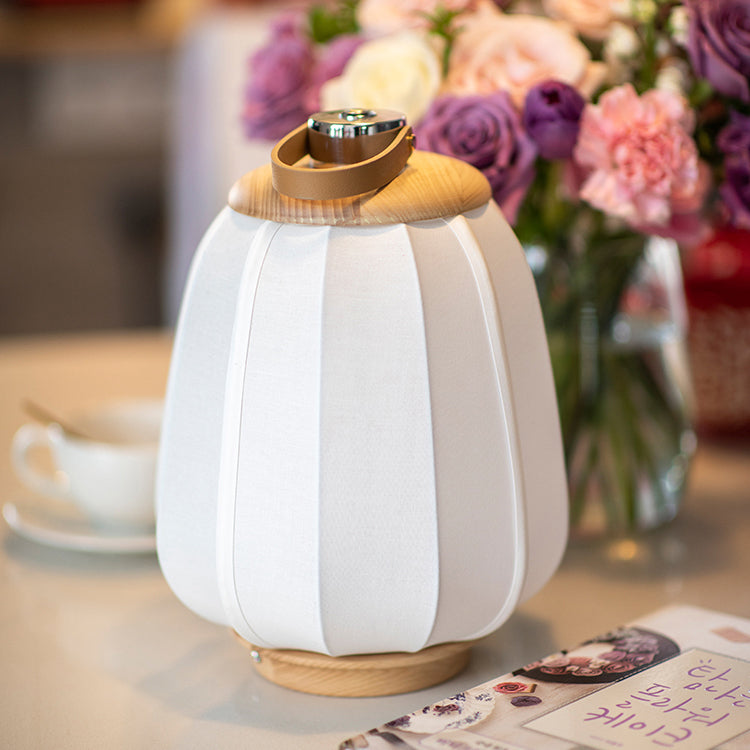 Traditional Chinese Leather Wood Stainless Steel Fabric Flower Bamboo Leaf Rechargeable LED Hanging Table Lamp For Bedside