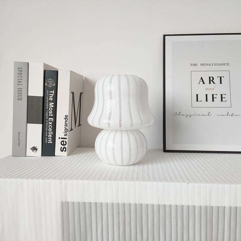 French Cream Handmade Glass Mushroom 1-Light Table Lamp