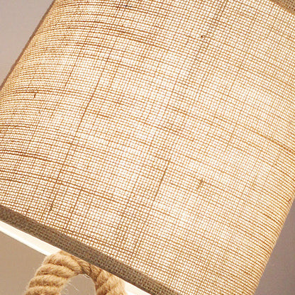 Traditional Rustic Round Iron Hemp Rope Linen 1-Light Table Lamp For Bedroom