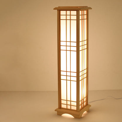 Traditional Japanese Wood Acrylic Pillar Rectangular 1/2/3 Light Standing Floor Lamp For Bedroom