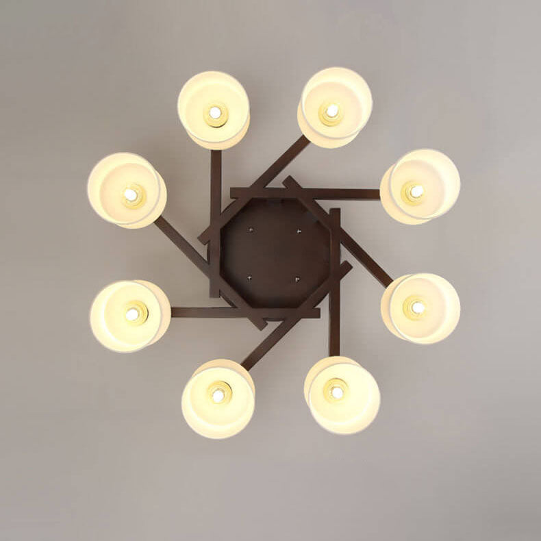 Modern Walnut Solid Glass Cylinder Shade 3/5/8 Light Semi-Flush Mount Ceiling Light