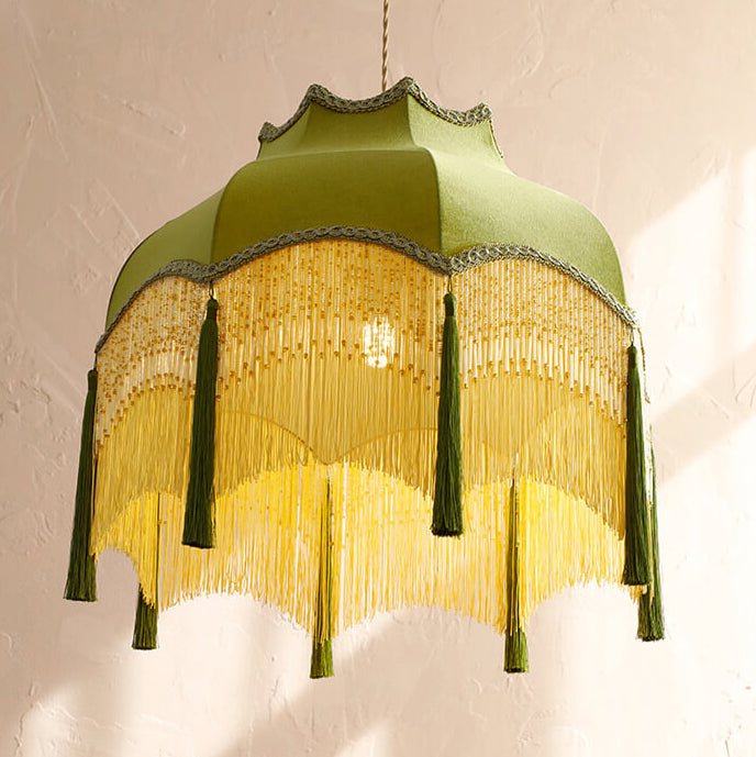 French Vintage Fabric Tassel Lampshade Brass 1-Light Pendant Light