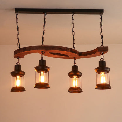 Traditional Japanese Wood Double Moon Design Iron Glass Bottle Shade 4-Light Island Light Chandelier For Dining Room