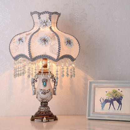 Traditional European Round Floral Beaded Resin Fabric 1-Light Table Lamp For Bedroom