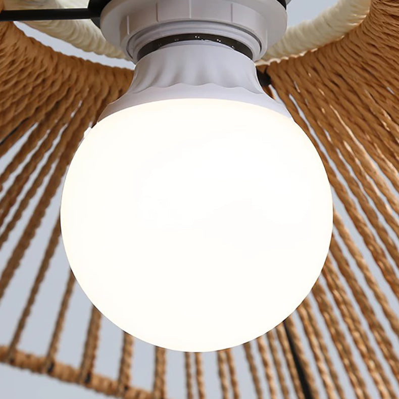 Traditional Vintage Wood Paper Rope Weaving Straw Hat Shape 1-Light Pendant Light For Living Room