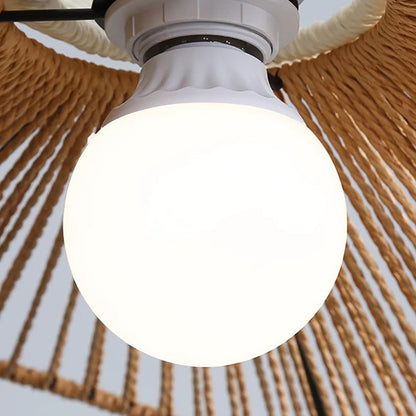Traditional Vintage Wood Paper Rope Weaving Straw Hat Shape 1-Light Pendant Light For Living Room