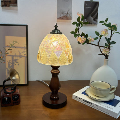 Traditional Vintage Wood Glass Hemispheroid Shell Lozenge 1-Light Table Lamp For Bedside
