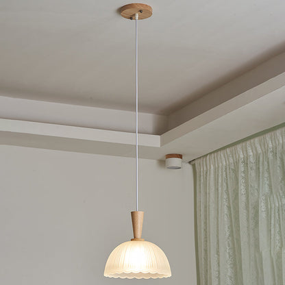 Modern Minimalist Round Lace Stripe Glass Wood 1-Light Pendant Light For Living Room