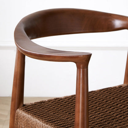 Traditional Vintage Braided Rope Wood Legs Square Dining Chair Backrest Armrest For Dining Room