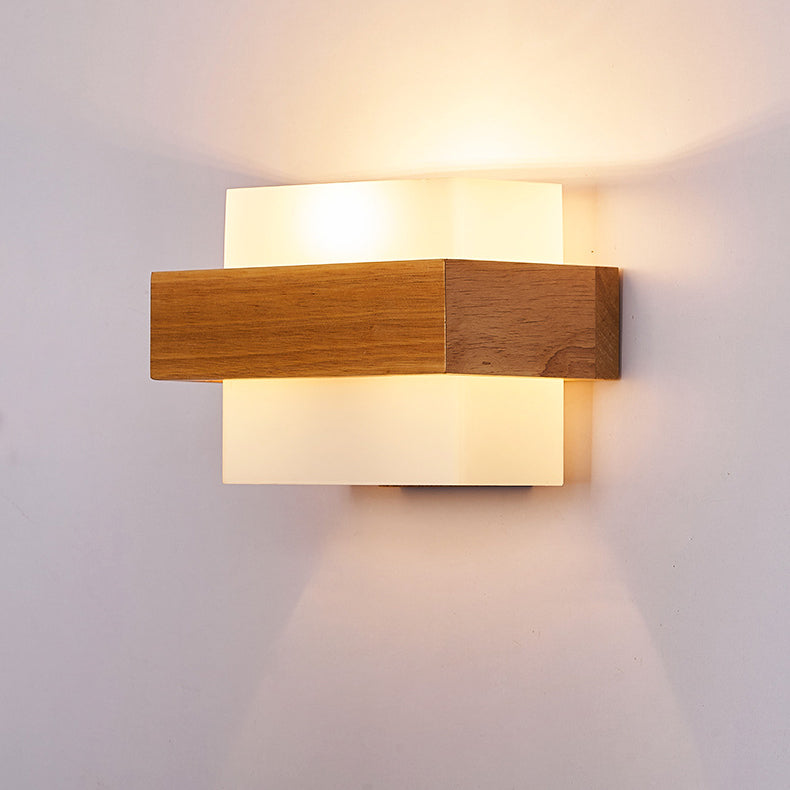 Traditional Farmhouse Wood Glass Cubic 1-Light Wall Sconce Lamp For Bedside