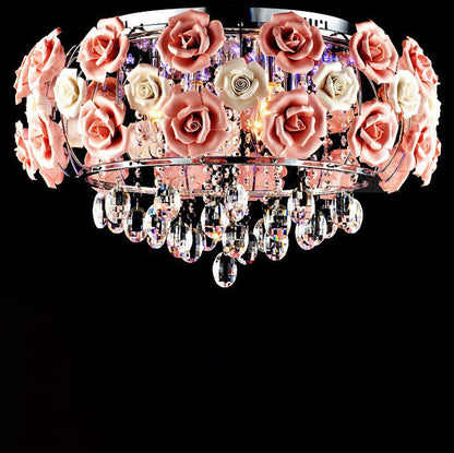 Modern Minimalist Rose Round Crystal Branch Crystal Iron 5/6 Light Flush Mount Ceiling Light For Bedroom