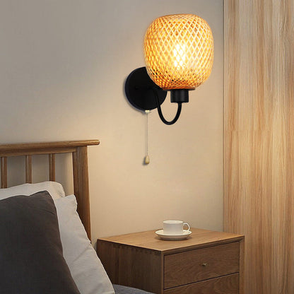Traditional Chinese Iron Bamboo Woven Cage 1-Light Wall Sconce Lamp For Living Room