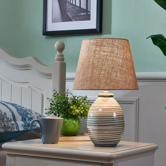 European Minimalist Oval Pot Ceramic Fabric 1-Light Table Lamp