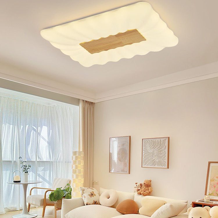 Modern Cream Rectangular Rubberwood Iron Acrylic LED Flush Mount Ceiling Light