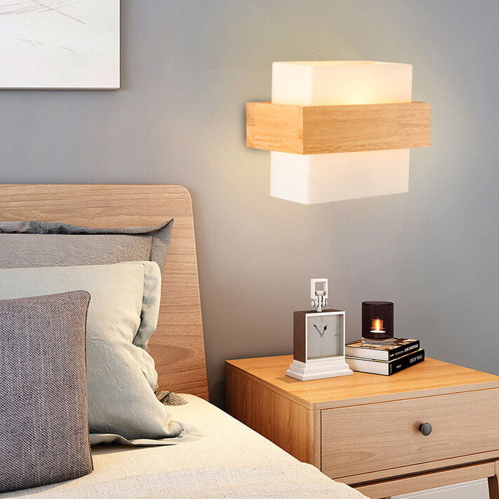 Modern Wooden Glass Square 1-Light Wall Sconce Lamp