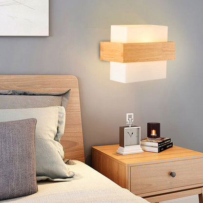 Modern Wooden Glass Square 1-Light Wall Sconce Lamp