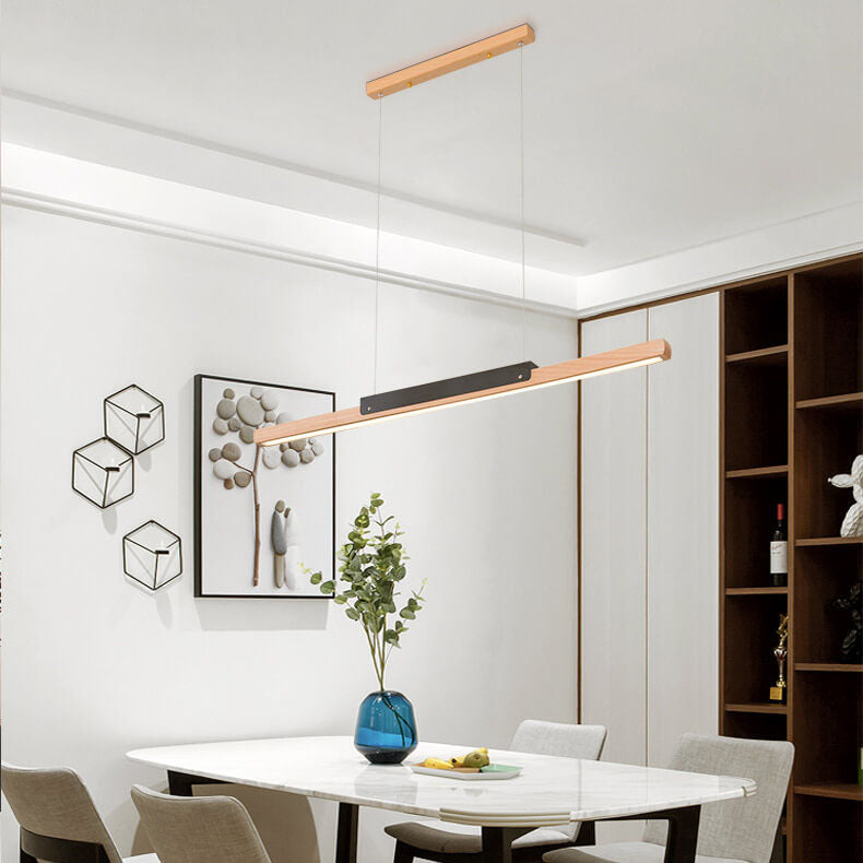 Modern Solid Wood Long Linear 1-Light LED Minimalist Pendant Light