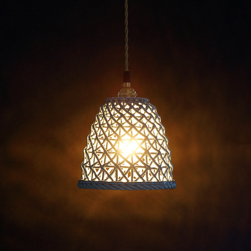 Modern Japanese Porcelain Openwork 1-Light Dome Pendant Light