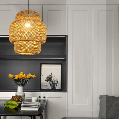 Modern Tiered Bamboo Weaving 1-Light Cylinder Pendant Light