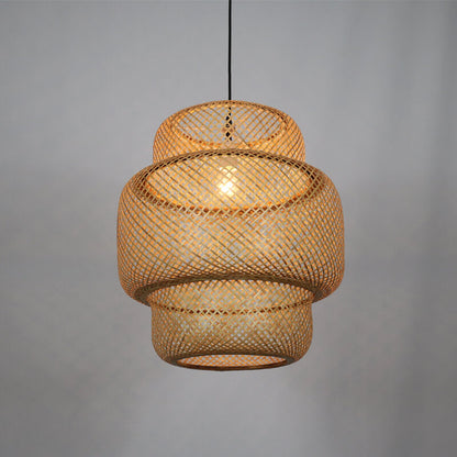 Modern Tiered Bamboo Weaving 1-Light Cylinder Pendant Light