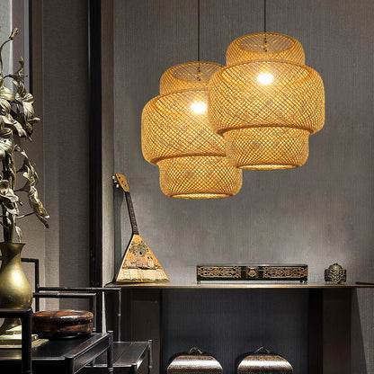 Modern Tiered Bamboo Weaving 1-Light Cylinder Pendant Light