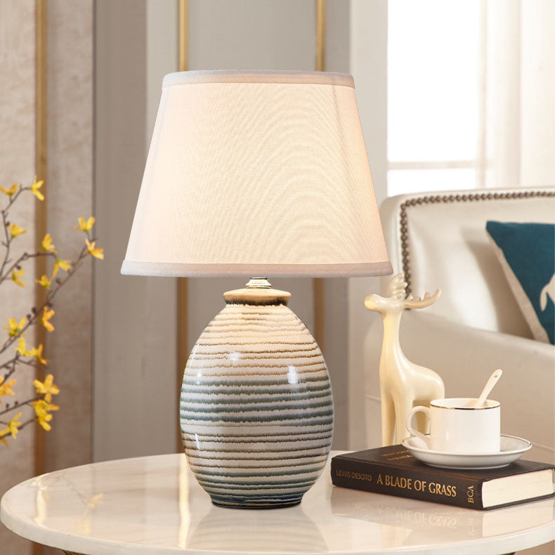 European Minimalist Oval Pot Ceramic Fabric 1-Light Table Lamp