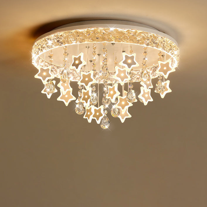 Contemporary Nordic Kids Iron Acrylic Crystal Round Star Pendant LED Flush Mount Ceiling Light For Bedroom