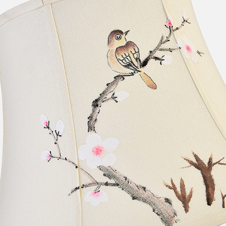 Traditional Chinese Plum Blossom Cylindrical Copper Ceramic Fabric 1-Light Table Lamp For Bedroom