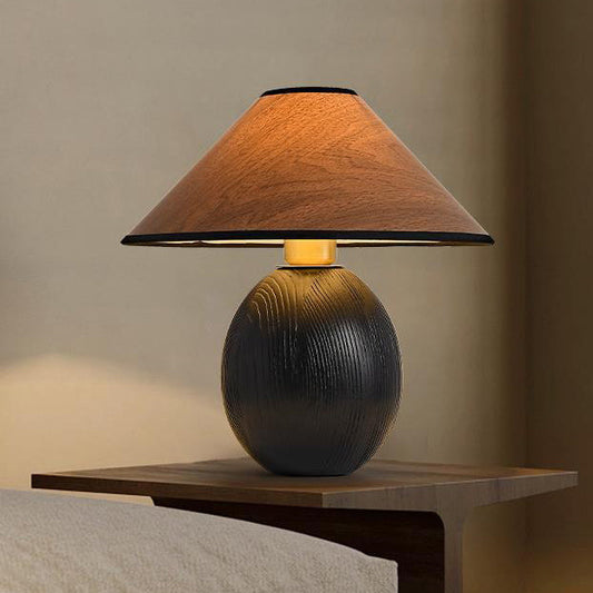 Traditional Japanese Round Trapezoidal Solid Wood Fabric 1-Light Table Lamp For Bedroom