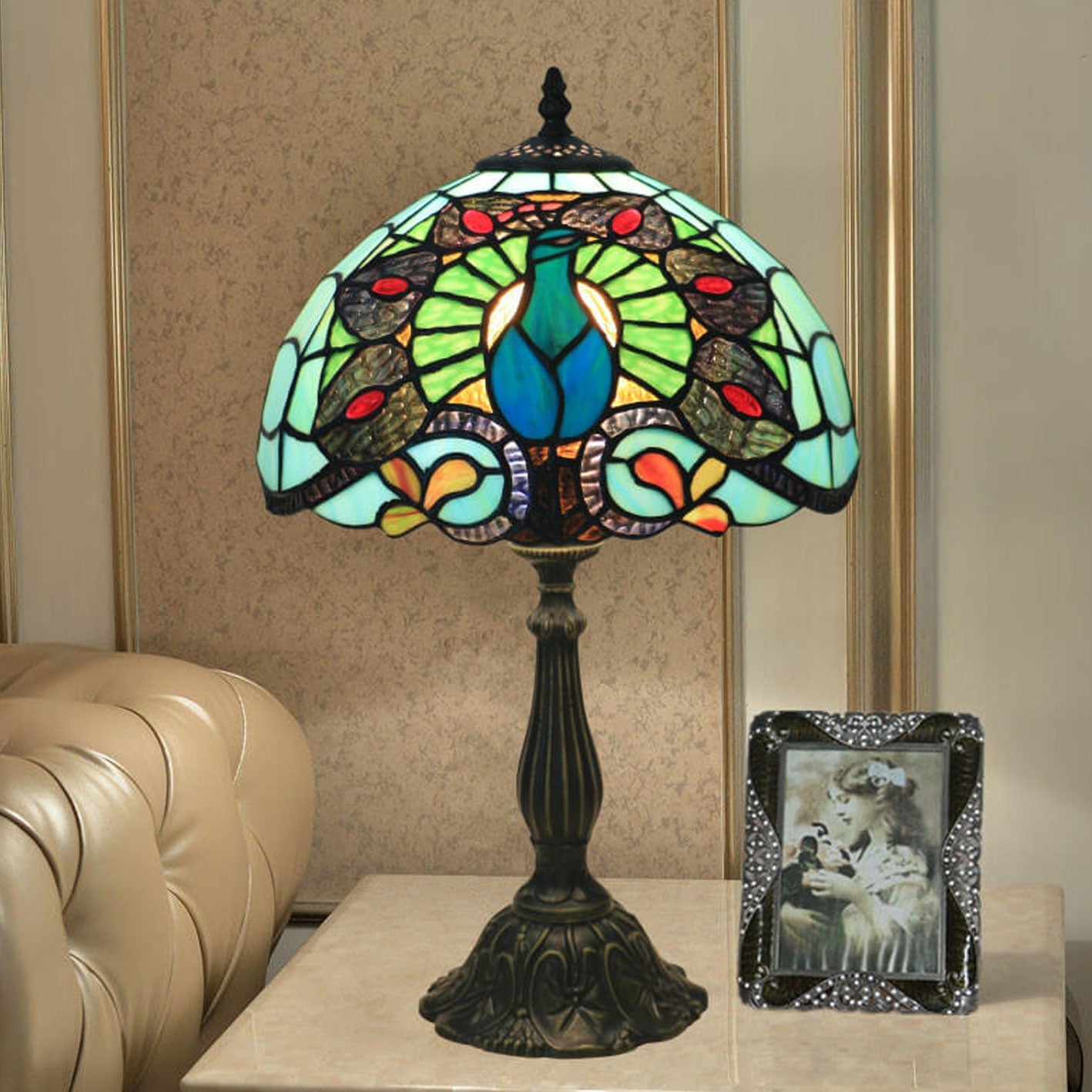 European Tiffany Green Peacock Stained Glass 1-Light Table Lamp