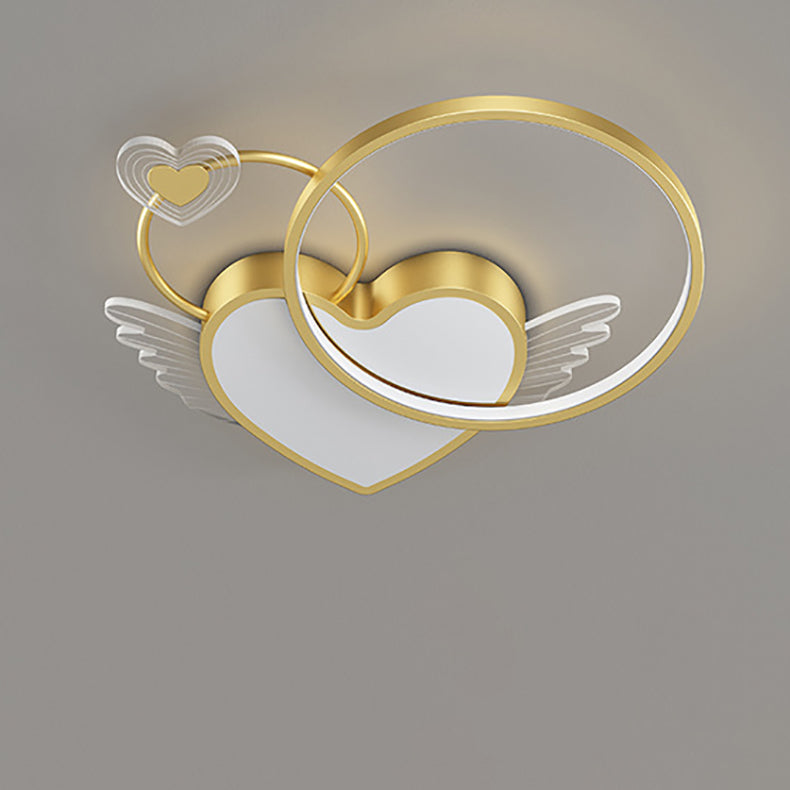 Modern Art Deco Heart Wings Round Acrylic Iron LED Flush Mount Ceiling Light For Bedroom