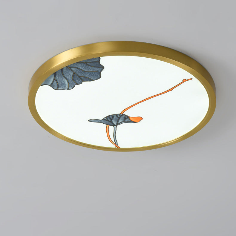 Traditional Chinese Copper Acrylic Round Lotus Bamboo Ginkgo Leaves LED Flush Mount Ceiling Light For Living Room