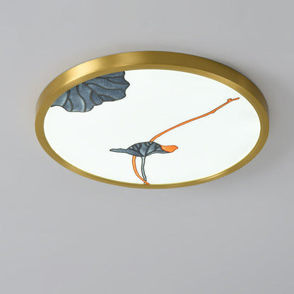 Traditional Chinese Copper Acrylic Round Lotus Bamboo Ginkgo Leaves LED Flush Mount Ceiling Light For Living Room