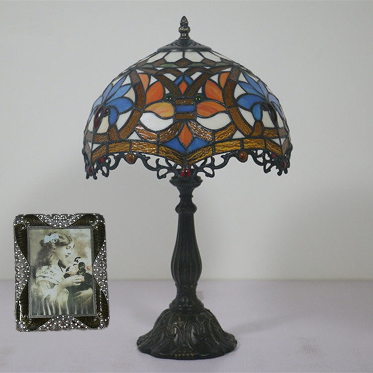 Traditional Tiffany Resin Zinc Alloy Glass Dome Bead 1-Light Table Lamp For Bedside