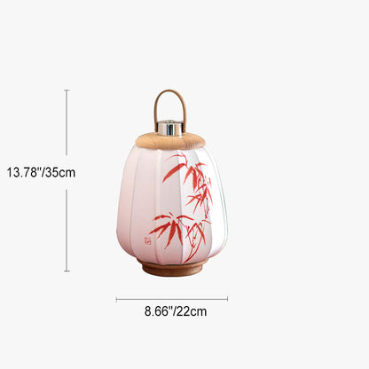Traditional Chinese Leather Wood Stainless Steel Fabric Flower Bamboo Leaf Rechargeable LED Hanging Table Lamp For Bedside