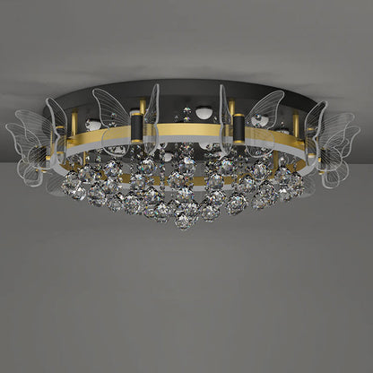 Modern Luxury Radiant Crystal Strings Butterfly Embellishment Round Shade LED Flush Mount Ceiling Light For Living Room