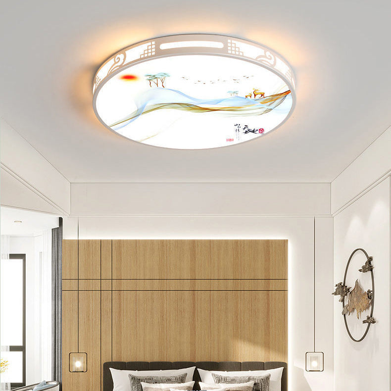 Traditional Chinese Iron Acrylic Round Square Rectangular Landscape Painting LED Flush Mount Ceiling Light For Living Room