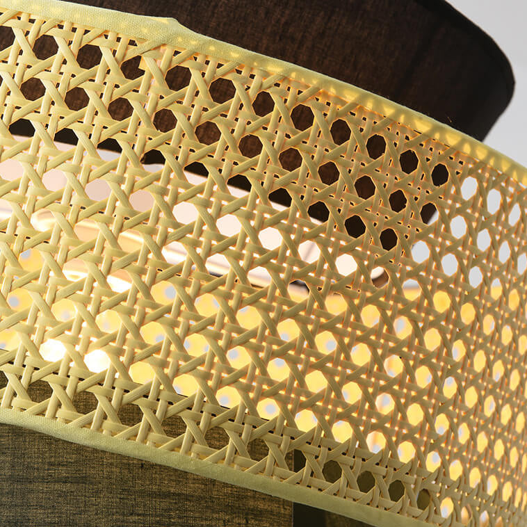Traditional Japanese Rattan Weaving Fabric Round Shade 1-Light Pendant Light For Dining Room