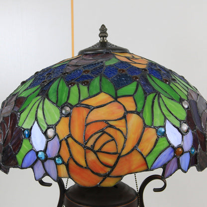 Tiffany European Vintage Floral Stained Glass Round Pot 3-Light Table Lamp