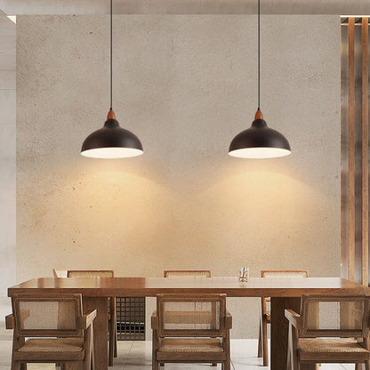 Japanese Simple Iron Dome Solid Wood Top 1-Light Pendant Light