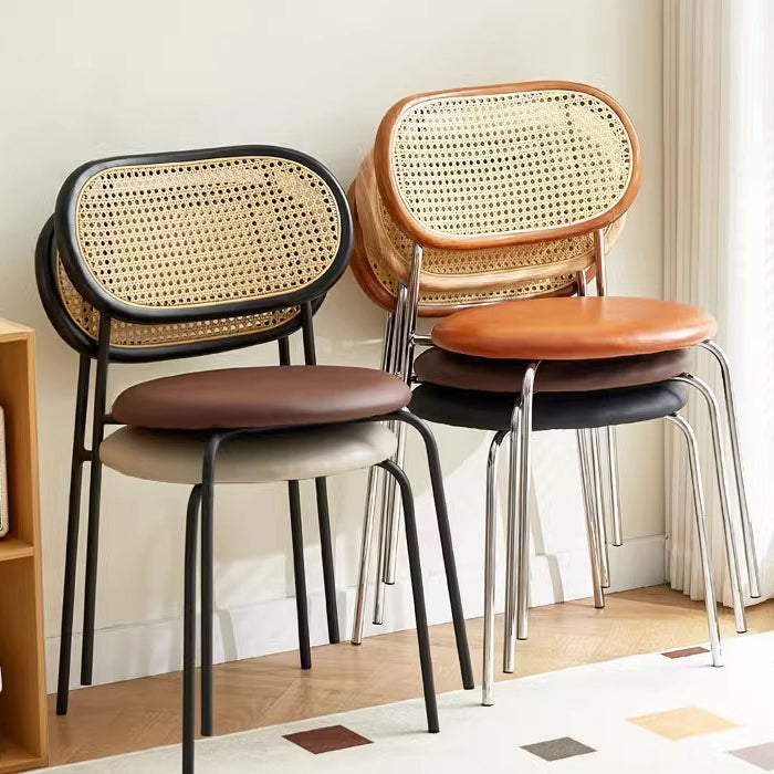 Contemporary Vintage Round Rectangular Solid Wood Metal Genuine Leather Dining Chair Backrest For Dining Room