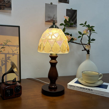 Traditional Vintage Wood Glass Hemispheroid Shell Lozenge 1-Light Table Lamp For Bedside