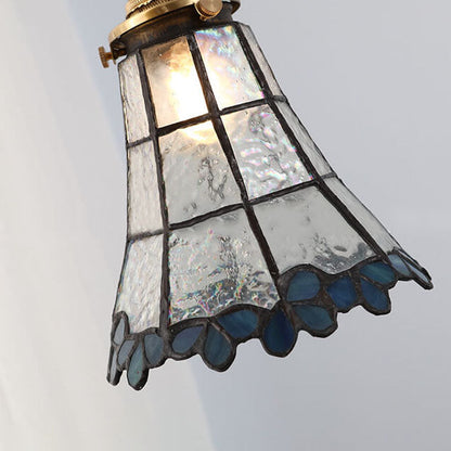 Japanese Vintage Brass Stained Glass Cone 1-Light Pendant Light