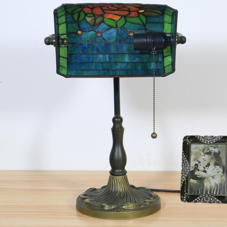 Tiffany Vintage Blooming Flowers Stained Glass 1-Light Bank Table Lamp