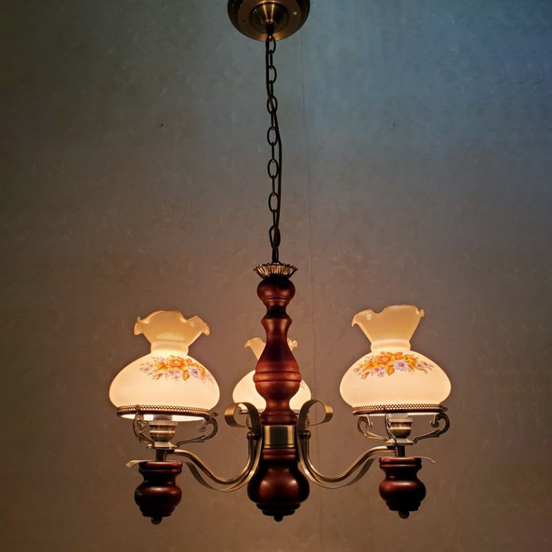 Traditional Rustic Candelabra Round Flower Iron Solid Wood 3-Light Chandelier For Living Room