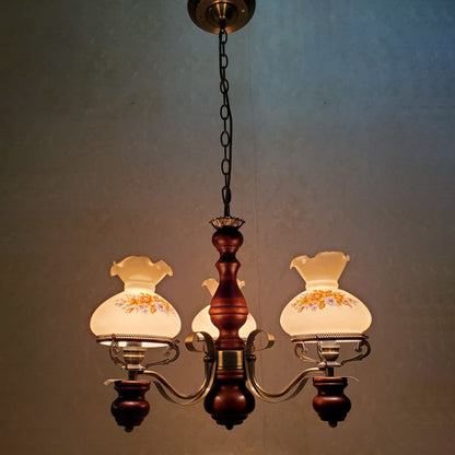 Traditional Rustic Candelabra Round Flower Iron Solid Wood 3-Light Chandelier For Living Room