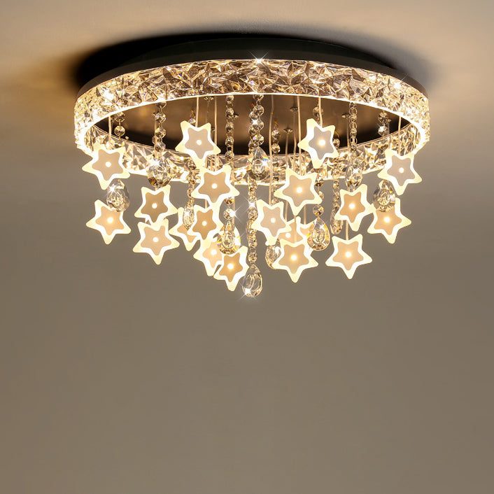 Contemporary Nordic Kids Iron Acrylic Crystal Round Star Pendant LED Flush Mount Ceiling Light For Bedroom