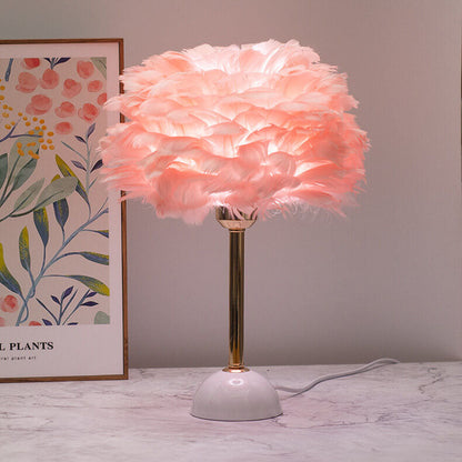 Modern Light Luxury Feather Round Shade Gold Pole 1-Light Table Lamp