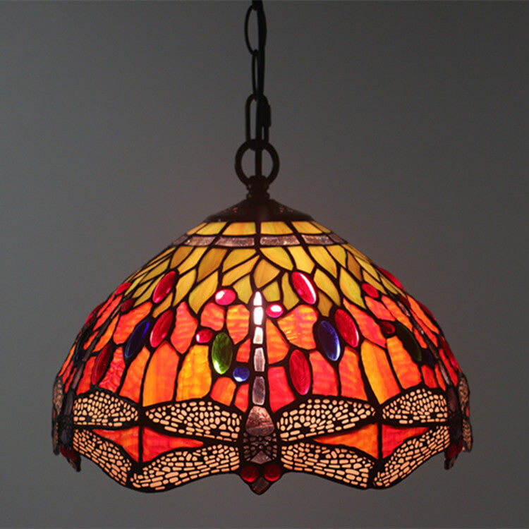 Tiffany Vintage Butterfly Stained Glass Dome 1-Light Pendant Light