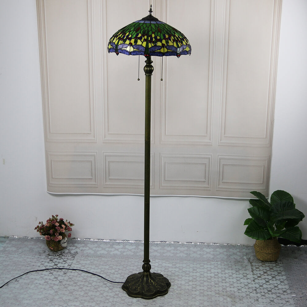 Tiffany Vintage Dragonfly Stained Glass Resin Dome 2-Light Standing Floor Lamp
